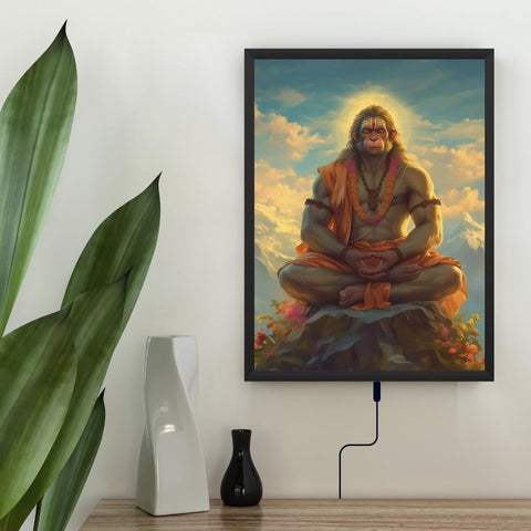 Glowitt Meditating Hanuman Ji God Led Photo Frame 8x12 Inch – Religious Led Wall Frame with Adapter | Unbreakable Acrylic | Hindu God Wall Art | Diwali Gift, Home Decor, Puja Room