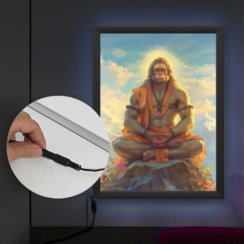 Glowitt Meditating Hanuman Ji God Led Photo Frame 8x12 Inch – Religious Led Wall Frame with Adapter | Unbreakable Acrylic | Hindu God Wall Art | Diwali Gift, Home Decor, Puja Room