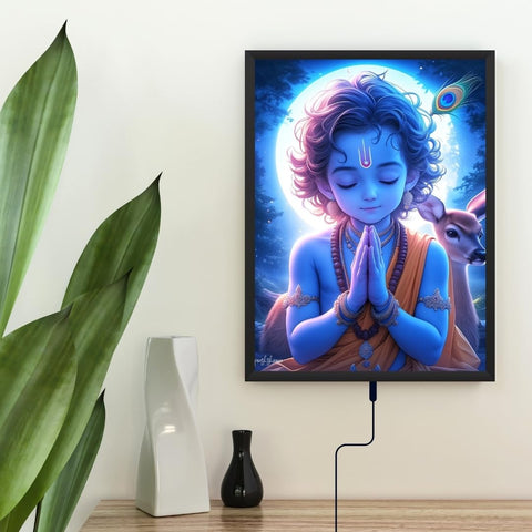 Radha Krishna LED Photo Frame: Kanha Backlit 8 x 12 LED Photo Frame - Ideal Wall Decor, Glowing God Led Lightbox Frame. (Blue)