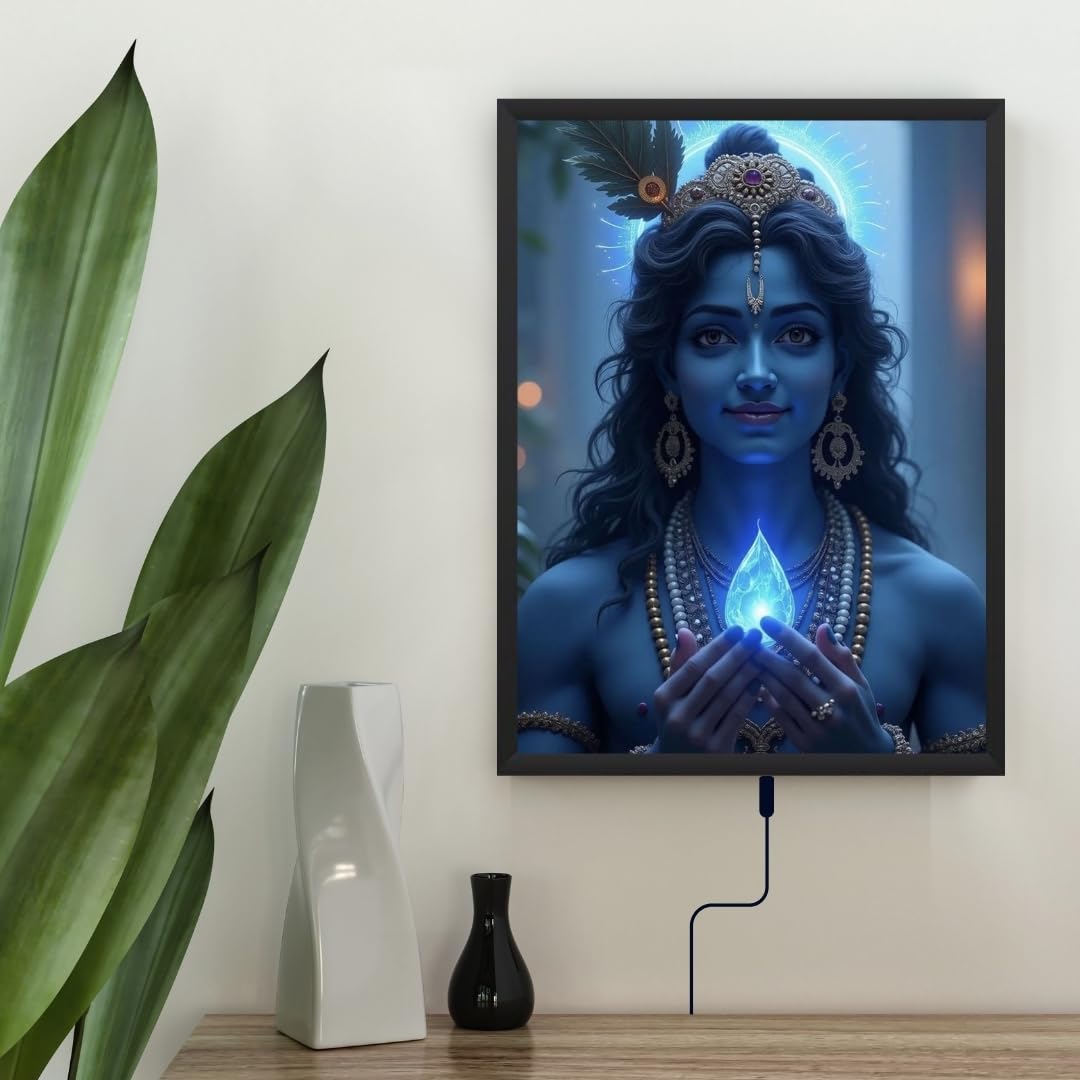 Glowitt Krishna Ji God Led Photo Frame 8x12 Inch – Religious Led Wall Frame with Adapter | Unbreakable Acrylic | Hindu God Wall Art | Diwali Gift, Home Decor, Puja Room
