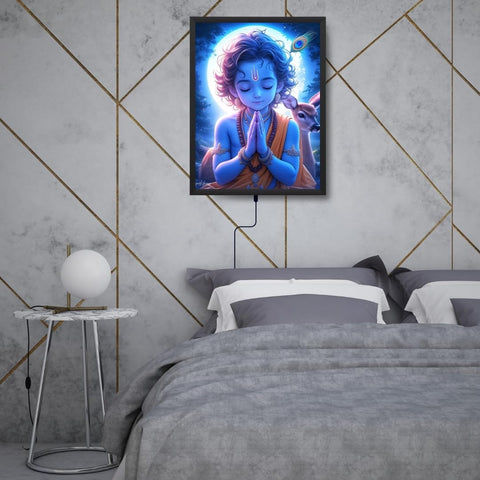 Radha Krishna LED Photo Frame: Kanha Backlit 8 x 12 LED Photo Frame - Ideal Wall Decor, Glowing God Led Lightbox Frame. (Blue)