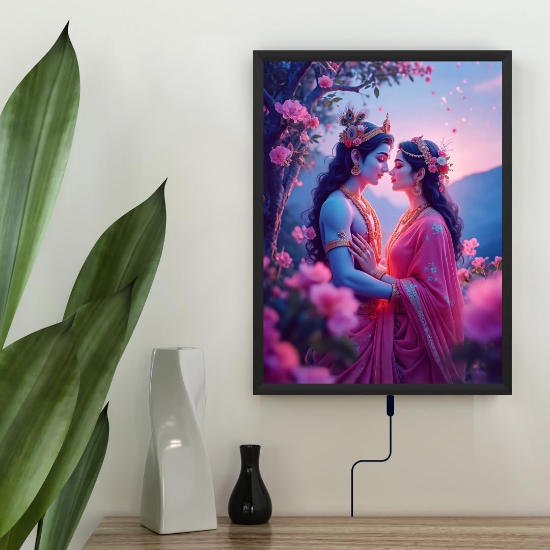 Glowitt Radha Krishna God Led Photo Frame 8x12 Inch – Religious Led Wall Frame with Adapter | Unbreakable Acrylic | Hindu God Wall Art | Diwali Gift, Home Decor, Puja Room