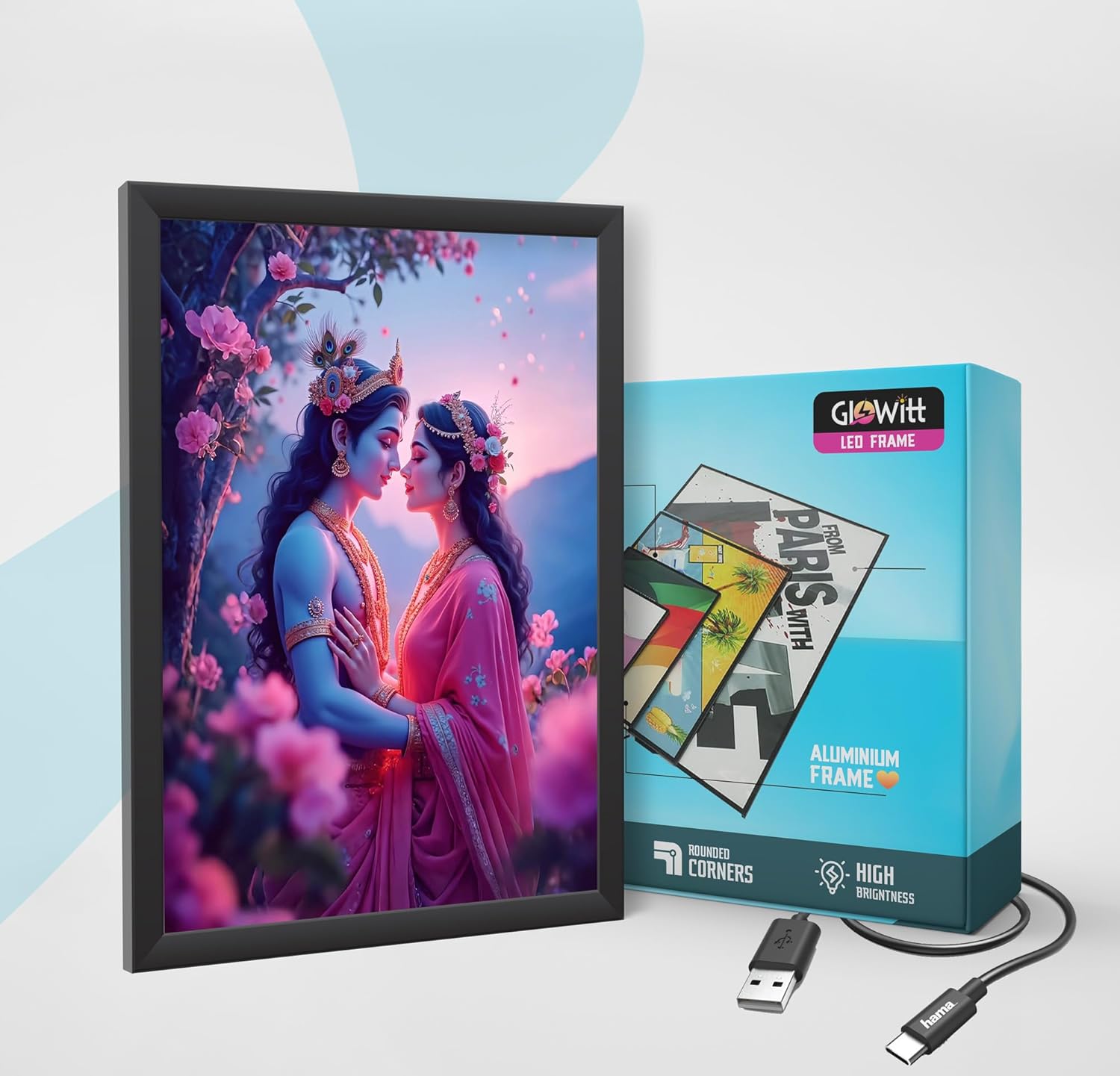 Glowitt Radha Krishna God Led Photo Frame 8x12 Inch – Religious Led Wall Frame with Adapter | Unbreakable Acrylic | Hindu God Wall Art | Diwali Gift, Home Decor, Puja Room