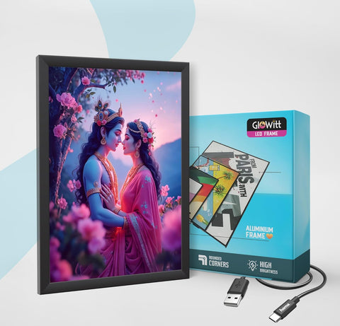 Glowitt Radha Krishna God Led Photo Frame 8x12 Inch – Religious Led Wall Frame with Adapter | Unbreakable Acrylic | Hindu God Wall Art | Diwali Gift, Home Decor, Puja Room