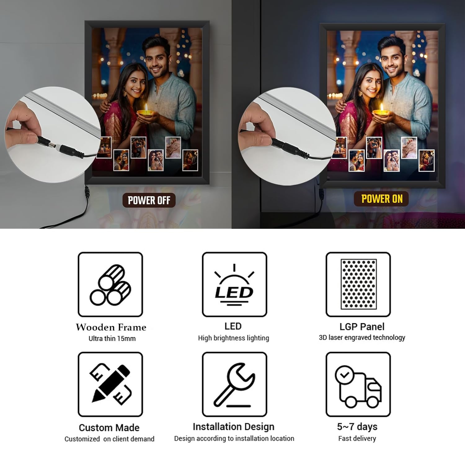 Glowitt Personalized Led Photo Frame - 4K UV Printed Led Photo Frame | Diwali Gift, Valentine Wedding Birthday Gift for Couple, Wife, Husband & Parents (Eternal Bliss, A4 (9 x 13))