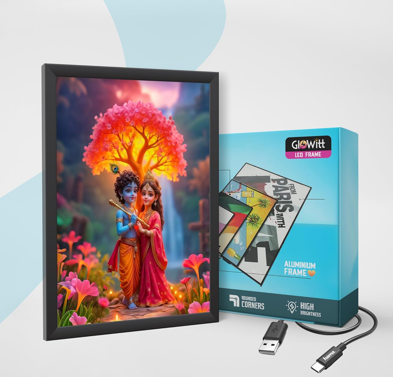 Glowitt Radha Krishna God Led Photo Frame 8x12 Inch – Religious Led Wall Frame with Adapter | Unbreakable Acrylic | Hindu God Wall Art | Diwali Gift, Home Decor, Puja Room