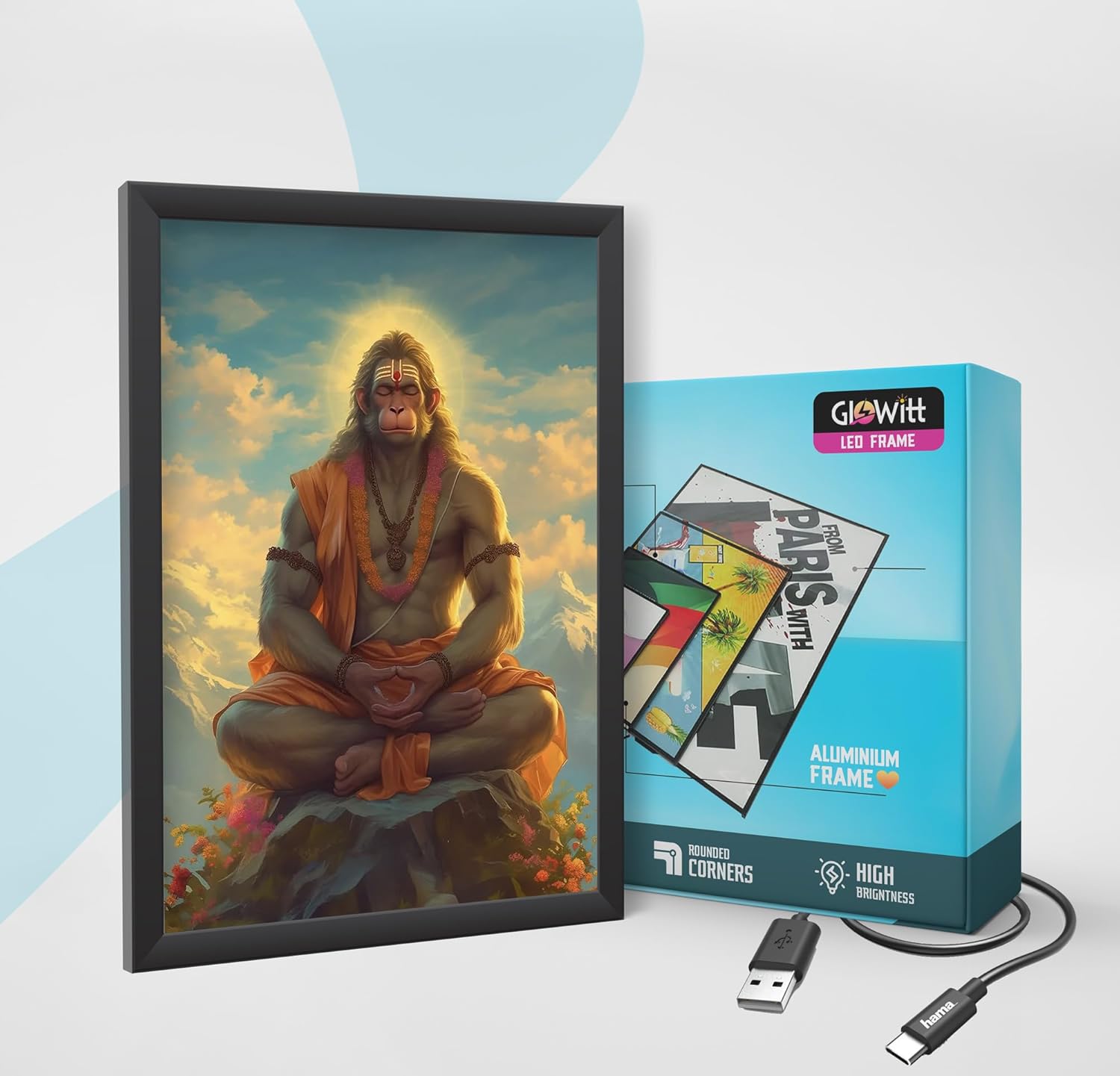 Glowitt Meditating Hanuman Ji God Led Photo Frame 8x12 Inch – Religious Led Wall Frame with Adapter | Unbreakable Acrylic | Hindu God Wall Art | Diwali Gift, Home Decor, Puja Room