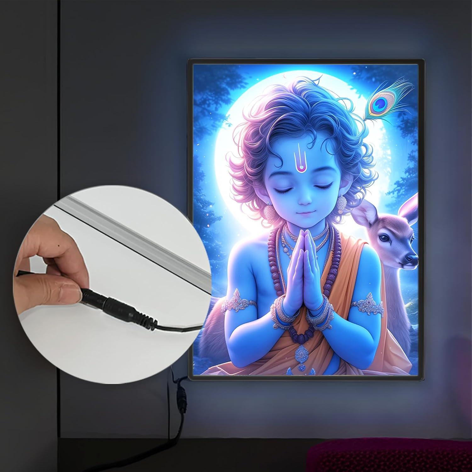 Radha Krishna LED Photo Frame: Kanha Backlit 8 x 12 LED Photo Frame - Ideal Wall Decor, Glowing God Led Lightbox Frame. (Blue)