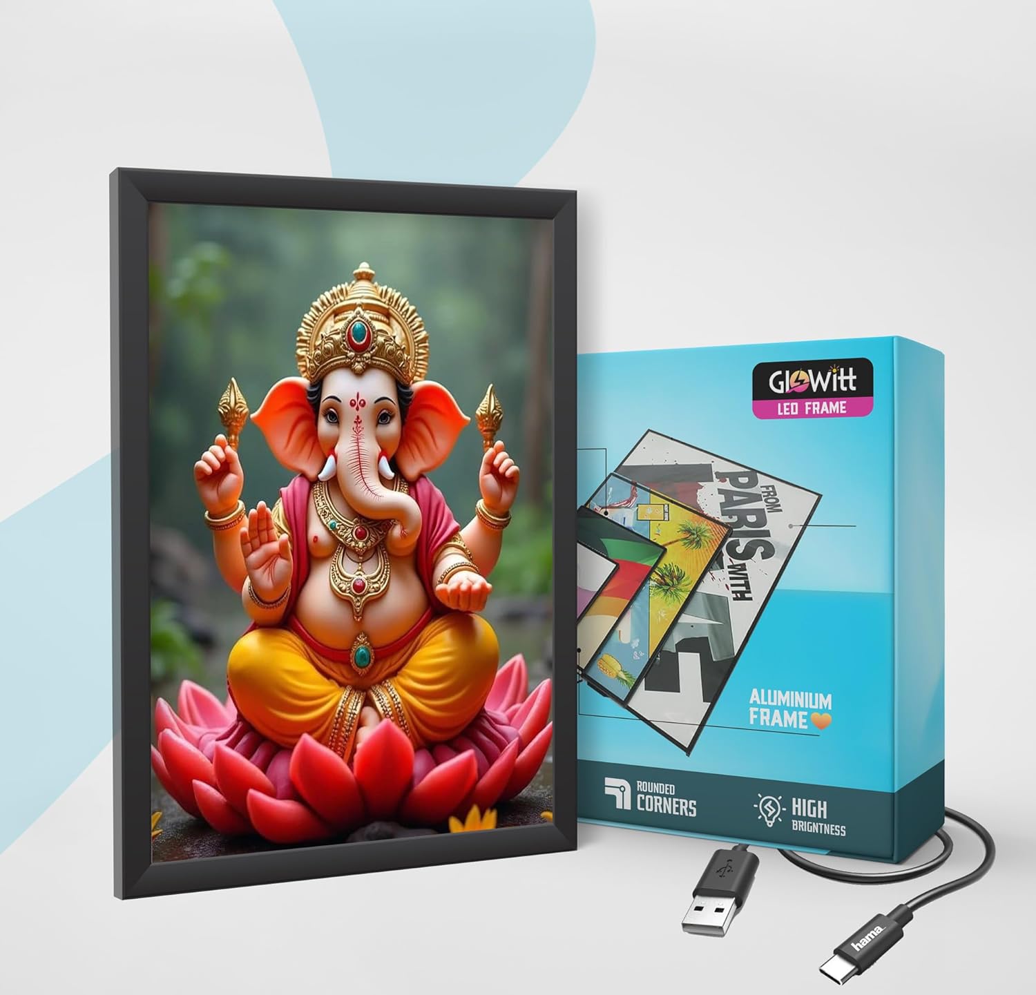 Glowitt Ganesha God Led Photo Frame 8x12 Inch – Religious Led Wall Frame with Adapter | Unbreakable Acrylic | Hindu God Wall Art | Diwali Gift, Home Decor, Puja Room