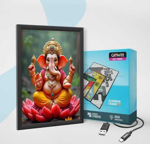 Glowitt Ganesha God Led Photo Frame 8x12 Inch – Religious Led Wall Frame with Adapter | Unbreakable Acrylic | Hindu God Wall Art | Diwali Gift, Home Decor, Puja Room
