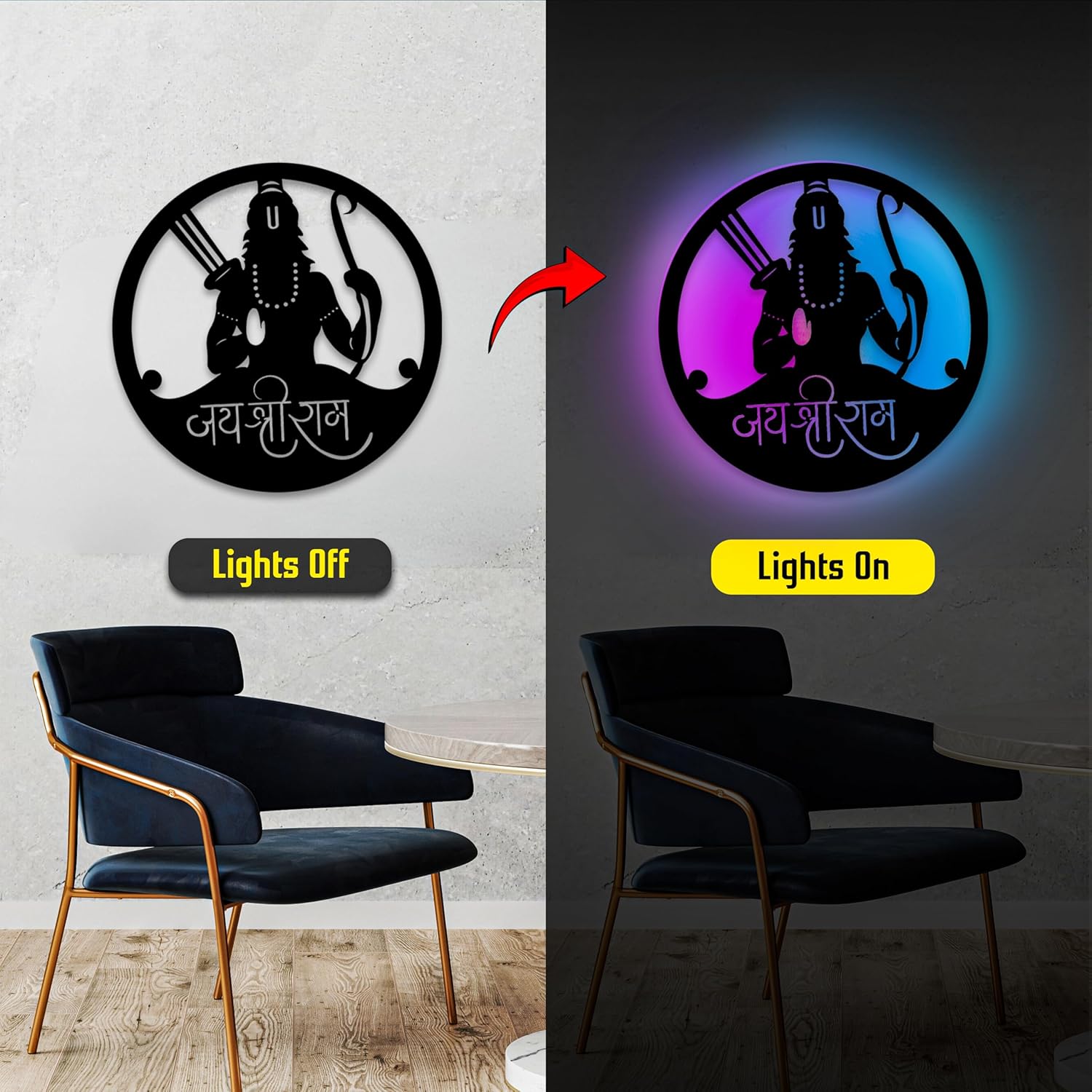 Glowitt Smart Neon Wall Lamp – Jai Shree Ram-Inspired 3D Decor with App Control & Music Sync for Living Room | Bedroom | Gifts | Wall Hangings for Home Decoration | Modern Decor Items (12 X 12)