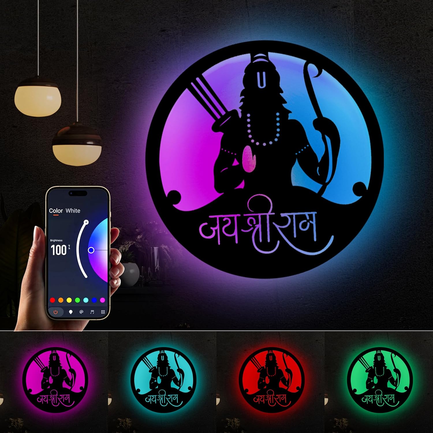 Glowitt Smart Neon Wall Lamp – Jai Shree Ram-Inspired 3D Decor with App Control & Music Sync for Living Room | Bedroom | Gifts | Wall Hangings for Home Decoration | Modern Decor Items (12 X 12)