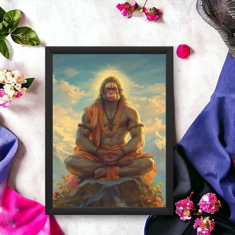 Glowitt Meditating Hanuman Ji God Led Photo Frame 8x12 Inch – Religious Led Wall Frame with Adapter | Unbreakable Acrylic | Hindu God Wall Art | Diwali Gift, Home Decor, Puja Room