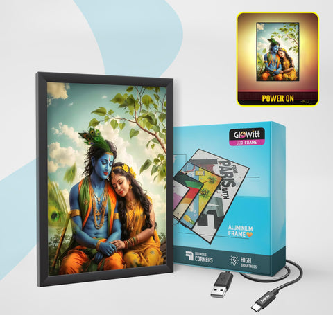Radha Krishna LED Photo Frame: Kanha Backlit 8 x 12 LED Photo Frame - Ideal Wall Decor, Glowing God Led Lightbox Frame. (Blue)