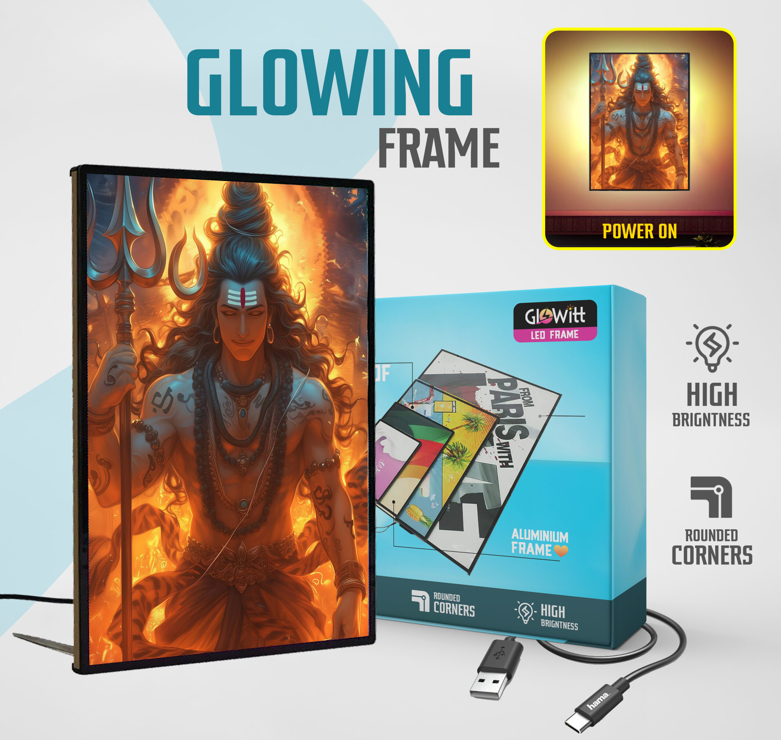 Shiv Ji Fire LED Photo Frame / Lightbox Poster For Walls Or Tabletops