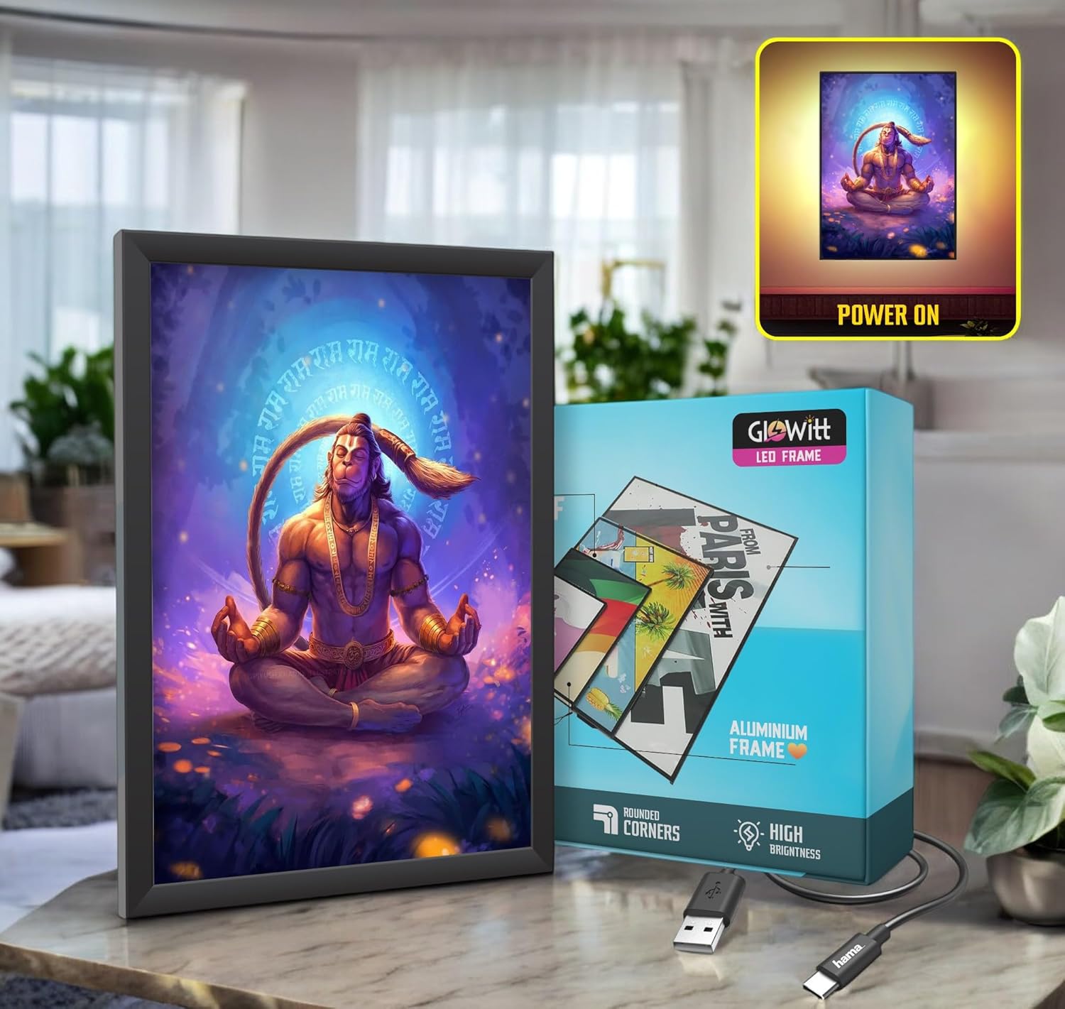 Hanuman Ji Violet LED Photo Frame / Lightbox Poster For Walls Or Tabletops